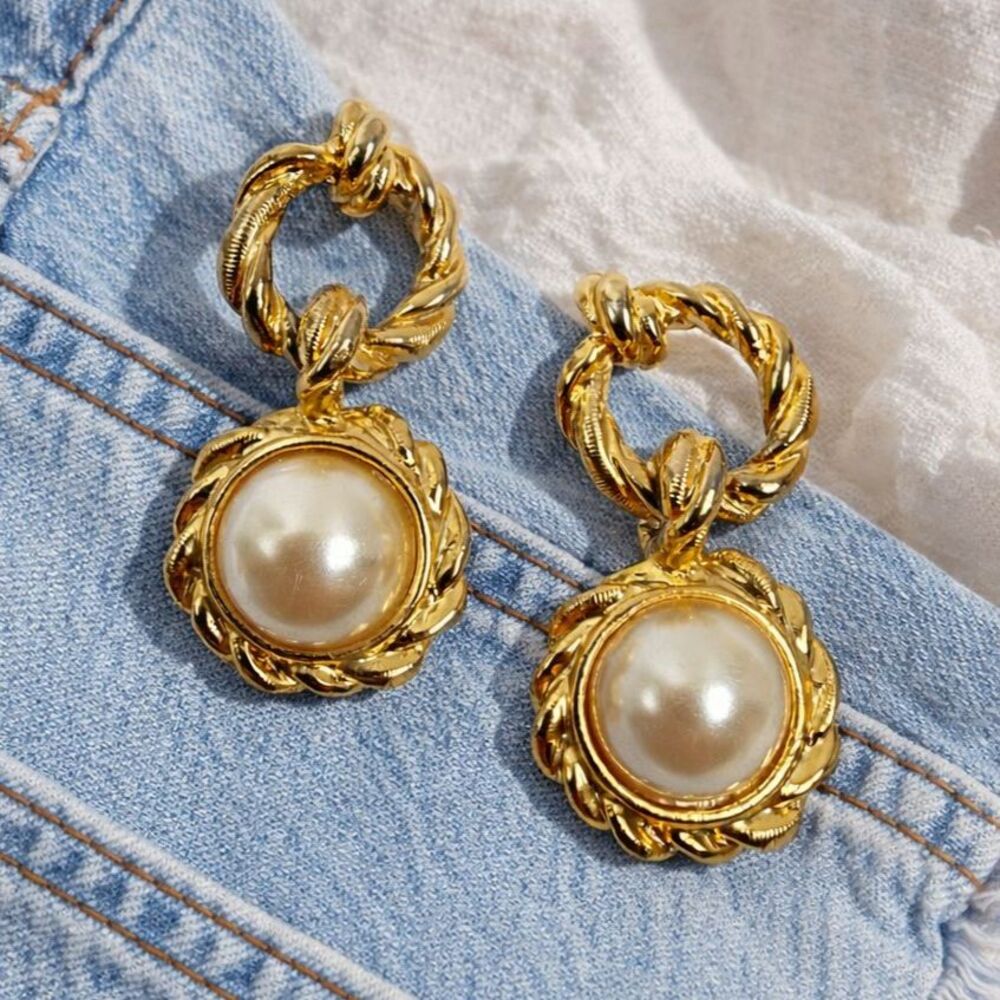 Gold Rope Twist Pearl Drop Dangle Earrings Chunky Statement 80s Vintage